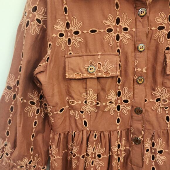 Eva Franco large eyelet chocolate brown 3/4 sleeve button front dress size M - Picture 9 of 9
